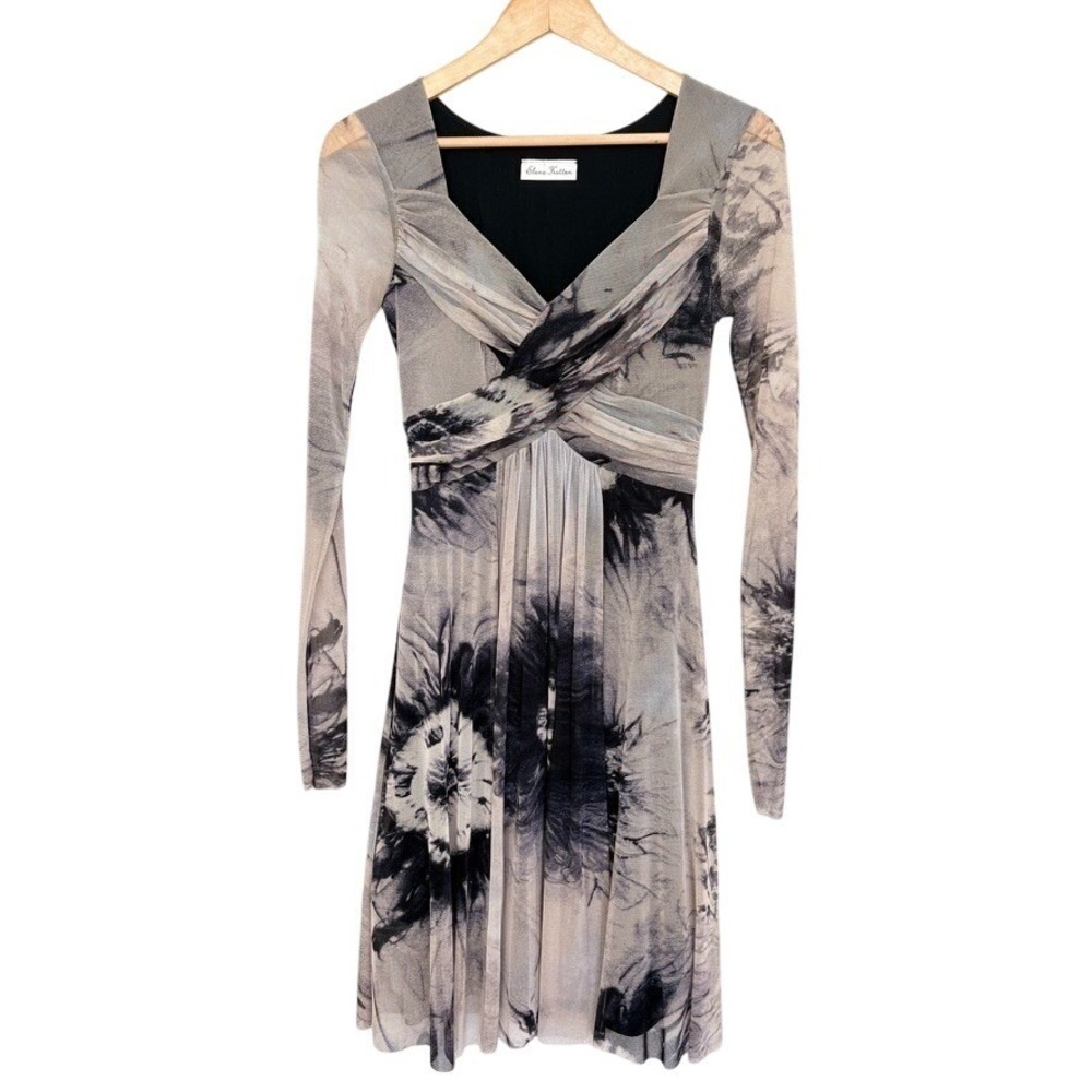 Elana Kattan Dress S Mesh Fairy Watercolor Floral‎ Art to Wear Boho Ruched Lined